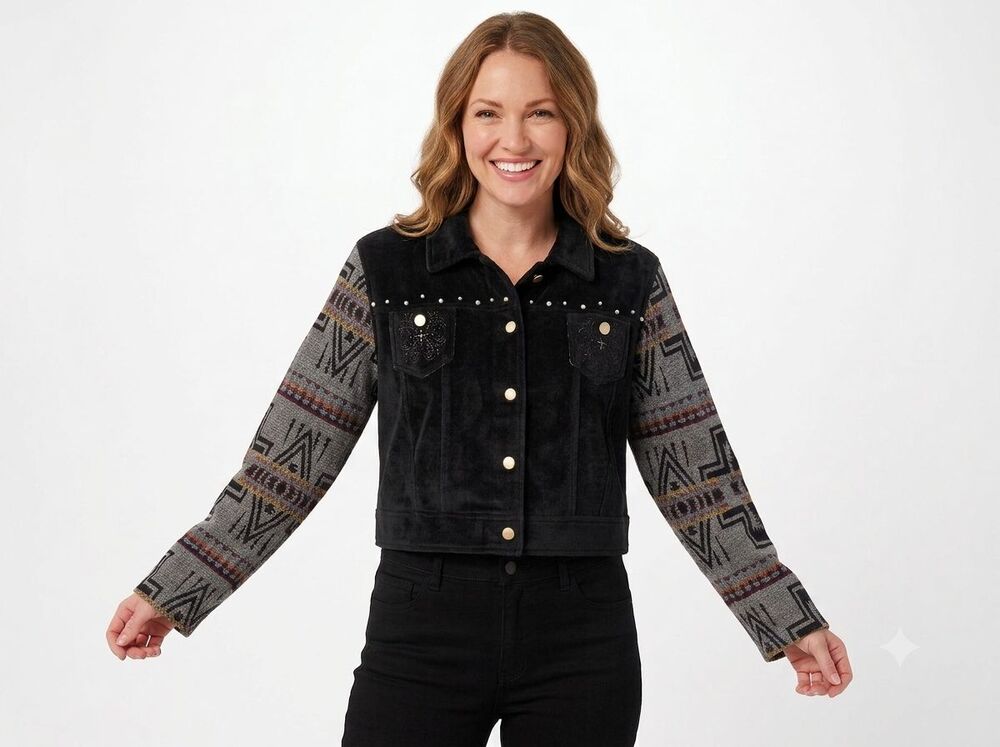 Venario Southwestern Aztec Jacket XXL Mixed Media Studded Trucker Shacket EUC